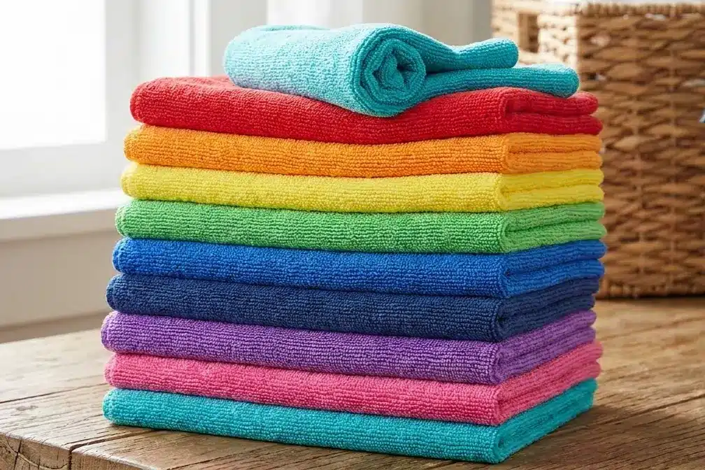 A microfiber cloth next to a roll of paper towels on a kitchen counter